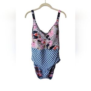 Social Angel Women's Plus One Piece Swimsuit with Floral and Gingham Pattern, 2X